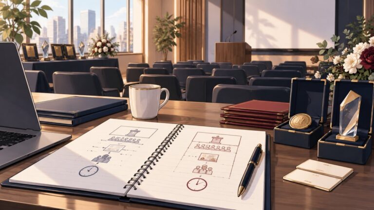 社内表彰式を短時間で開催するには?30分・60分の企画例をイメージしたオフィス表彰式のイラスト