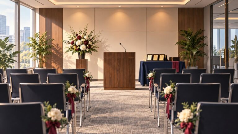会議室を華やかに見せる方法！低予算でできる表彰式の会場装飾をイメージしたオフィス表彰式のイラスト