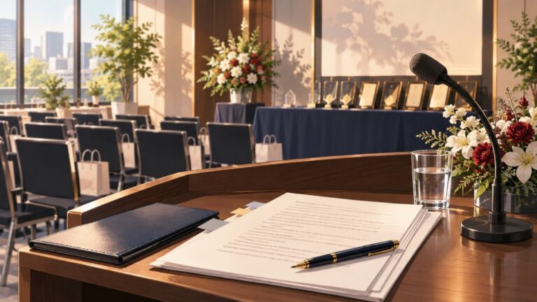 社内表彰式の閉会挨拶例文!感謝と期待が伝わる締めくくり方をイメージしたオフィス表彰式のイラスト