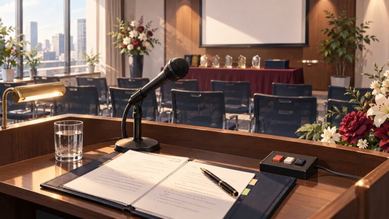 会議室での表彰式の司会進行で気をつけたい10のポイントをイメージしたオフィス表彰式のイラスト