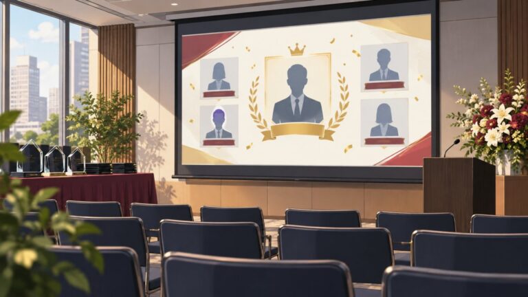 社内表彰式の受賞者発表スライドの作り方!PowerPointの構成例をイメージしたオフィス表彰式のイラスト