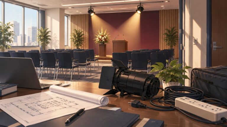 会議室の表彰式でスポットライトは使える?設置と電源の注意点をイメージしたオフィス表彰式のイラスト