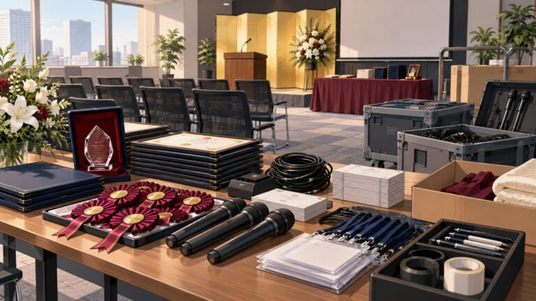 会議室での表彰式に必要な備品一覧!準備漏れを防ぐチェックリストをイメージしたオフィス表彰式のイラスト